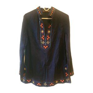 Tory Burch Tunic Top Embellished Beaded Navy Sea Blue 12 Cotton Lightweight Boho